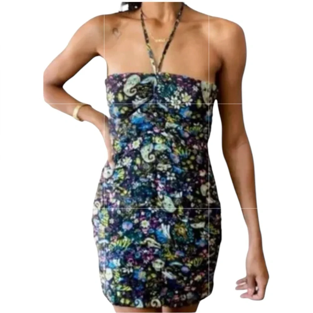 zara floral print ruched dress Zara Floral Print Ruched Ruffle Dress XS Midi Flutter Black Yellow Blogger